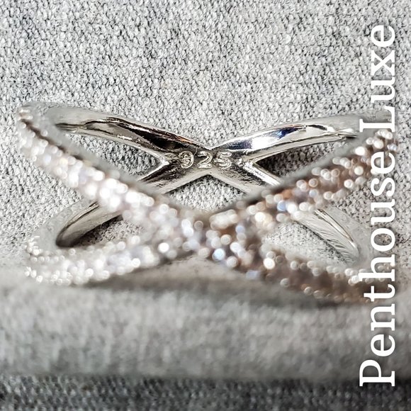 Criss Cross Cubic Zirconia Paved Silver Ring - Picture 3 of 6
